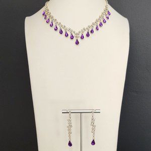 Purple teardrop & clear cz necklace & earring set